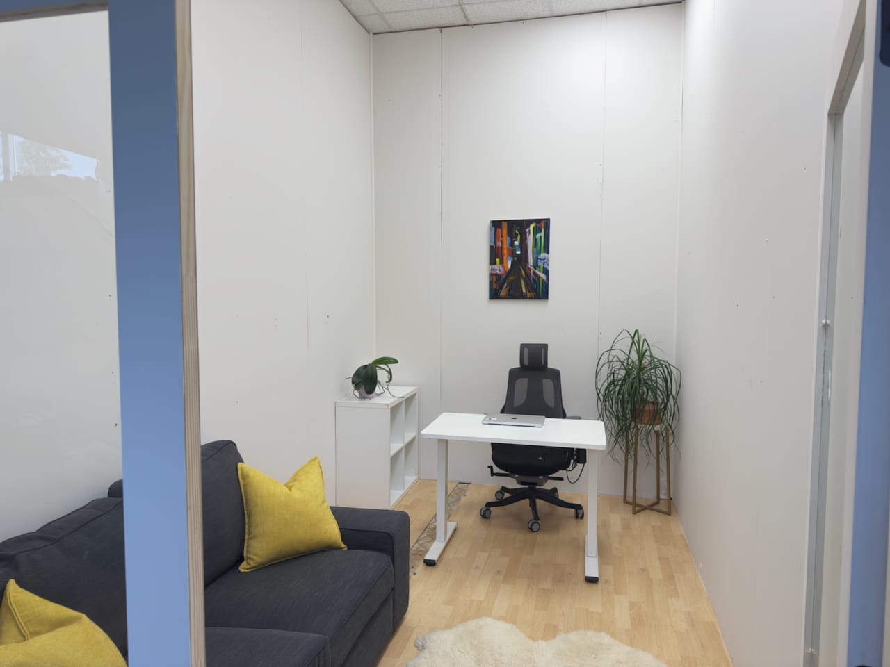 Two Person Office - Available for lease A beautifully compact office for two people. About 100sqft. Currently comes with a desk, and a comfy couch. Featuring glass double doors for extra light.